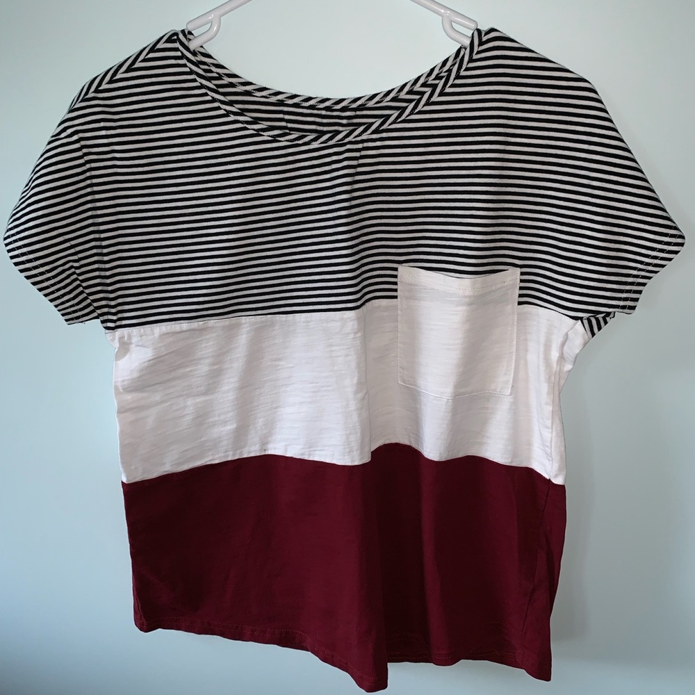maroon, white and b&w striped t-shirt